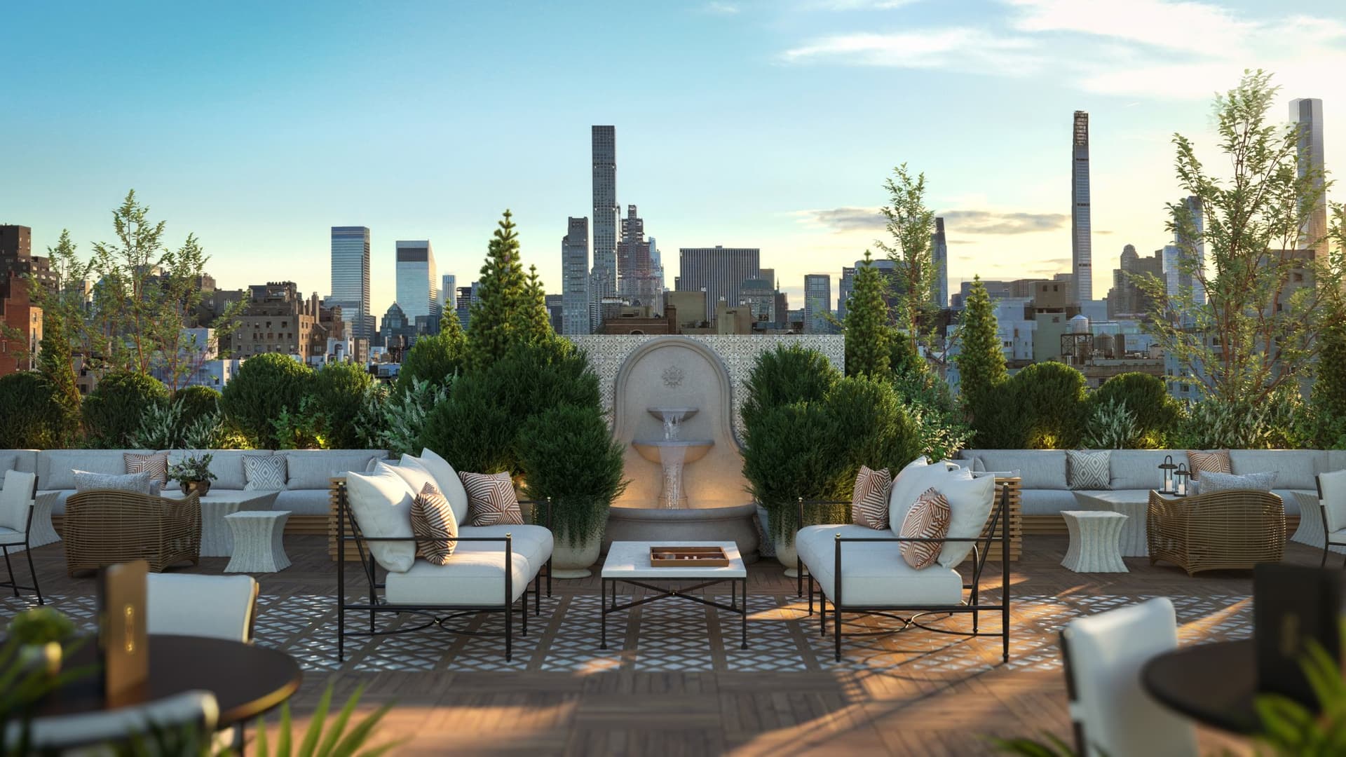 MJM Associates design assist — finished rooftop terrace overlooking the New York City skyline